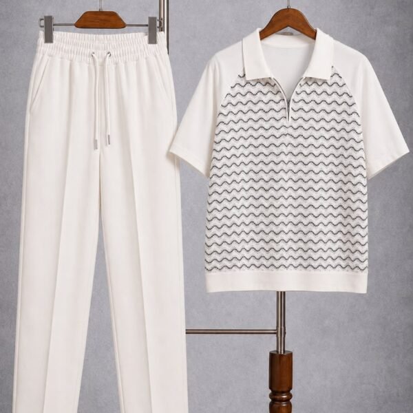 mens two piece set Ghana Men's Cream Zigzag Knit Half-Zip Polo and Matching Trousers Set Pelsunisexkloset Tema