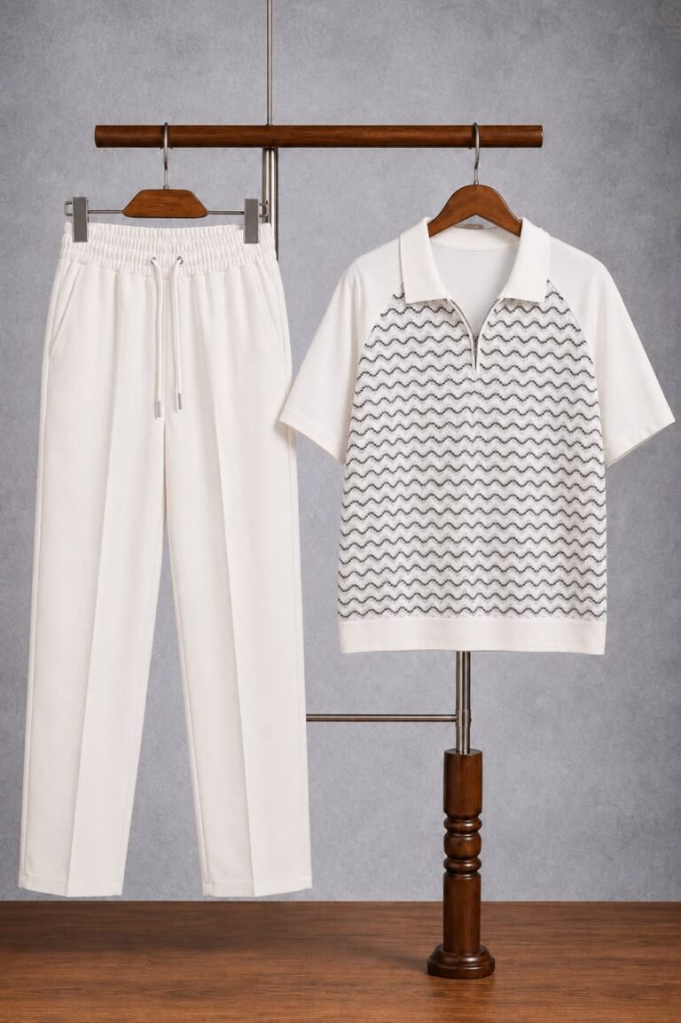 mens two piece set Ghana Men's Cream Zigzag Knit Half-Zip Polo and Matching Trousers Set Pelsunisexkloset Tema