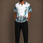 how to mix unisex clothes Men's Teal Floral Camp-Collar Shirt and Black Drawstring Trousers Set Pelsunisexkloset Tema