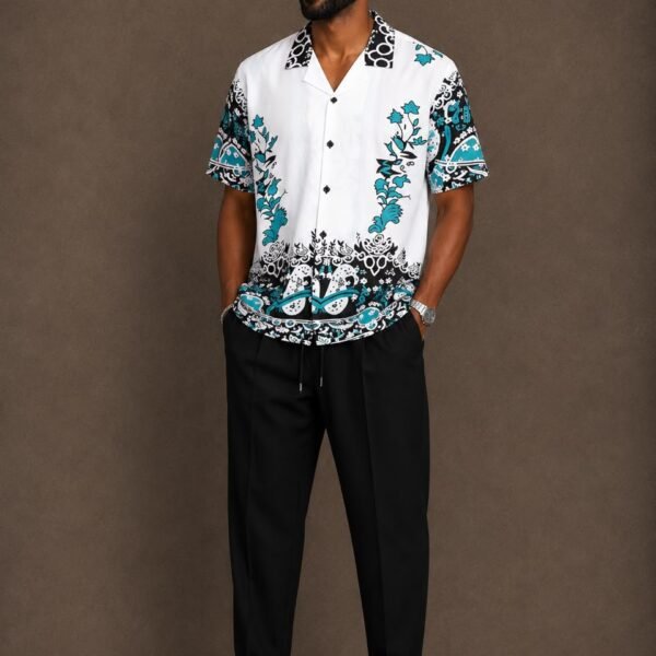 how to mix unisex clothes Men's Teal Floral Camp-Collar Shirt and Black Drawstring Trousers Set Pelsunisexkloset Tema