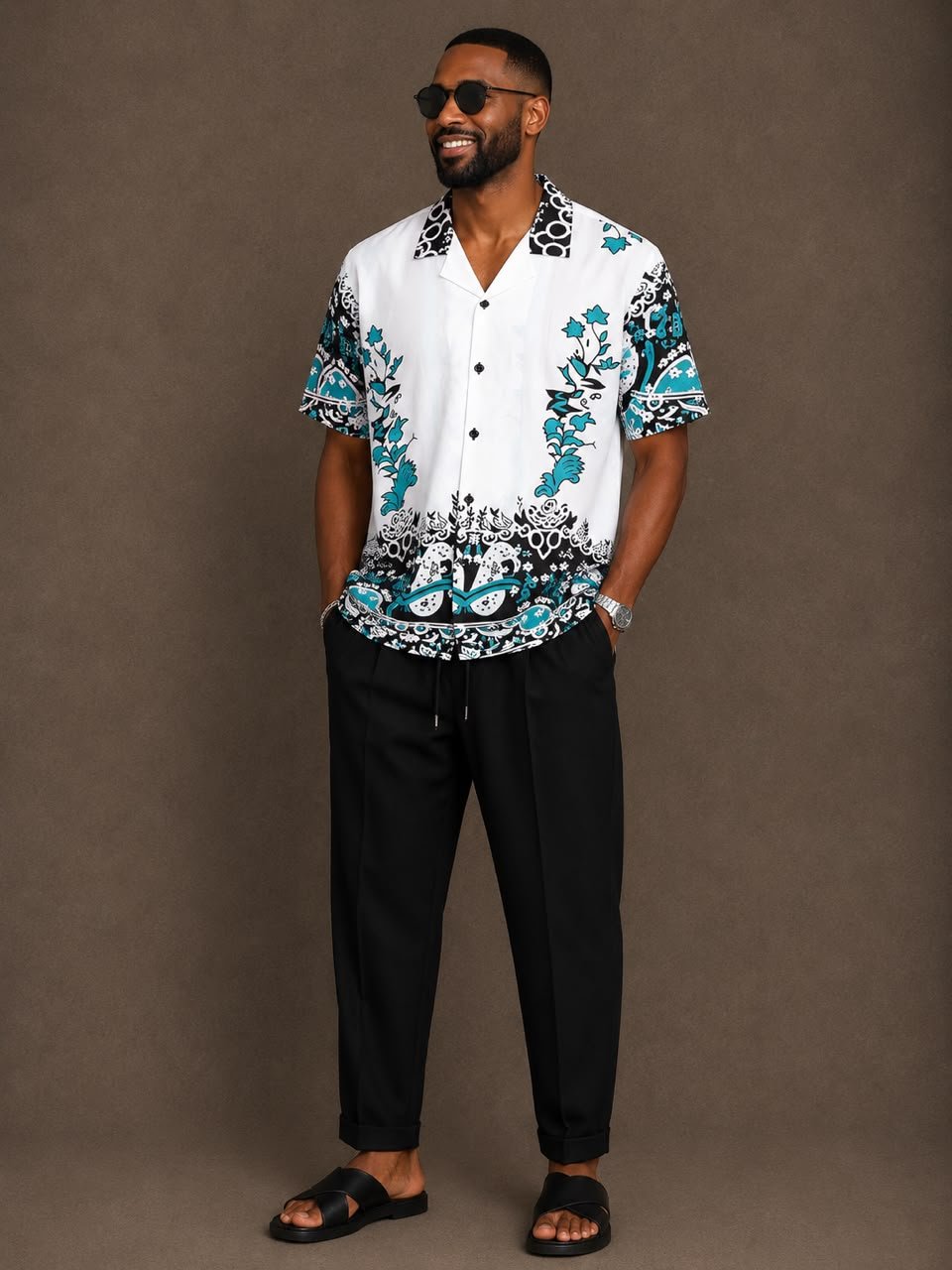 Men's Teal Floral Camp-Collar Shirt and Black Drawstring Trousers Set how to mix unisex clothes Men's Teal Floral Camp-Collar Shirt and Black Drawstring Trousers Set Pelsunisexkloset Tema