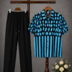 Men's Electric Blue Dot and Stripe Shirt with Black Drawstring Trousers