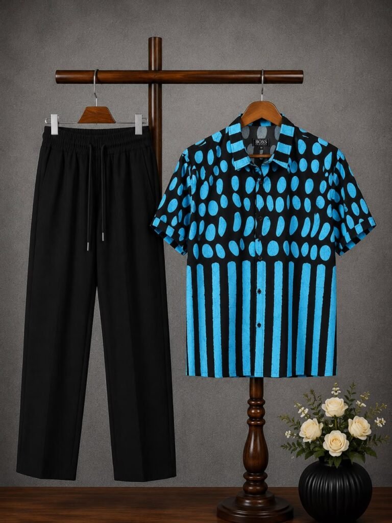 Men's Electric Blue Dot and Stripe Shirt with Black Drawstring Trousers