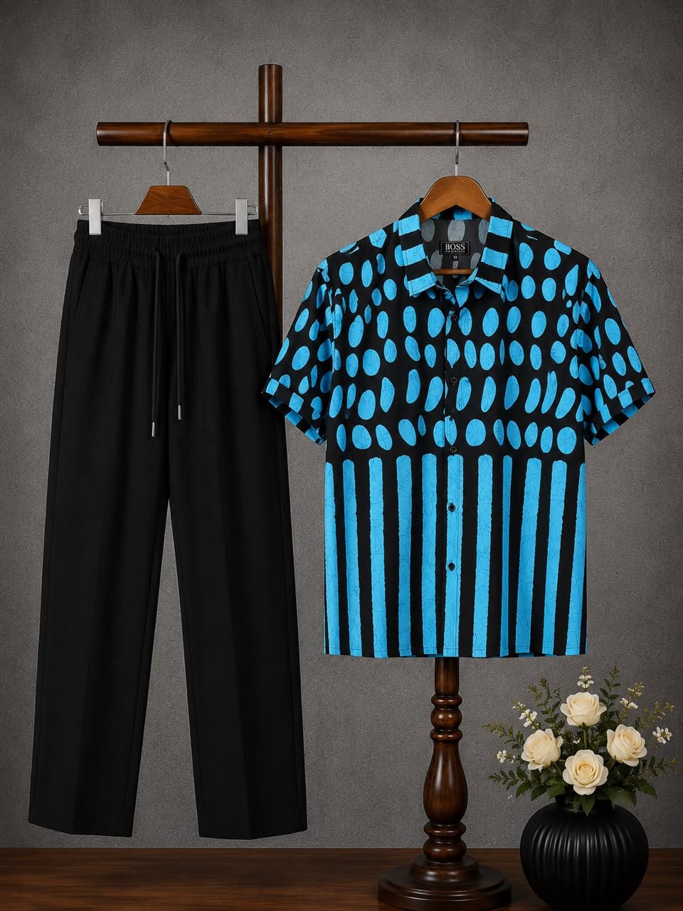Men's Electric Blue Dot and Stripe Shirt with Black Drawstring Trousers Men's Electric Blue Dot and Stripe Shirt with Black Drawstring Trousers
