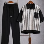 Men's Black Wavy Quarter-Zip Polo and Grommet Trousers Set