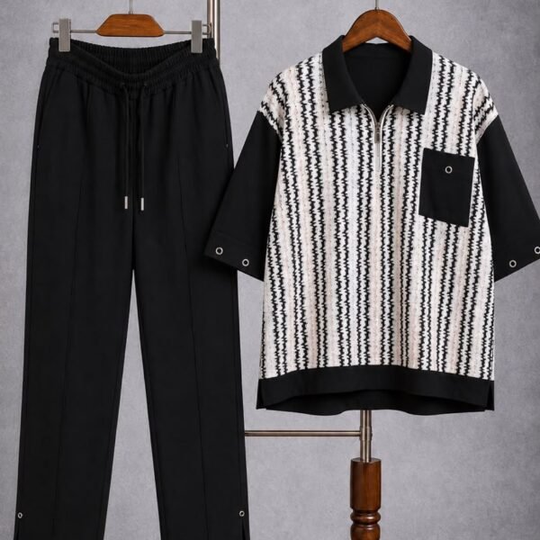 Men's Black Wavy Quarter-Zip Polo and Grommet Trousers Set