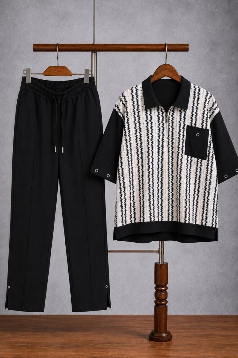 Men's Black Wavy Quarter-Zip Polo and Grommet Trousers Set