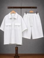 Men's Waffle-Textured Short-Sleeve Shirt and Drawstring Shorts Set