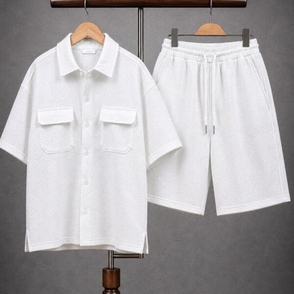 Men's Waffle-Textured Short-Sleeve Shirt and Drawstring Shorts Set