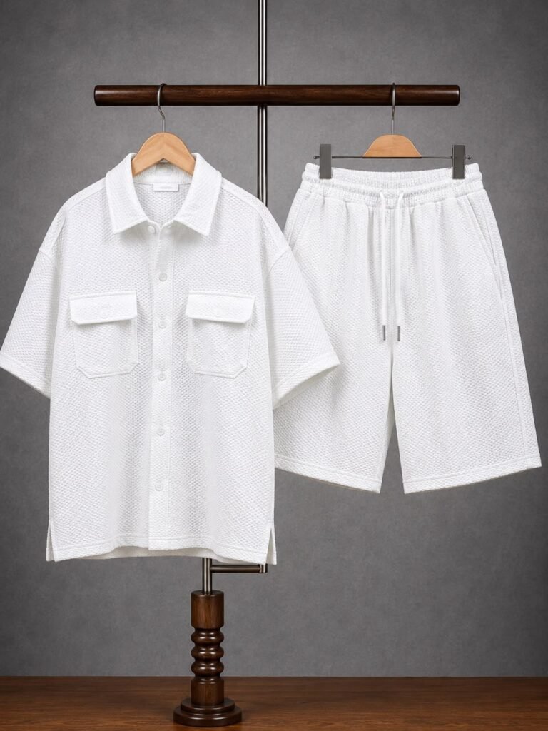 Men's Waffle-Textured Short-Sleeve Shirt and Drawstring Shorts Set