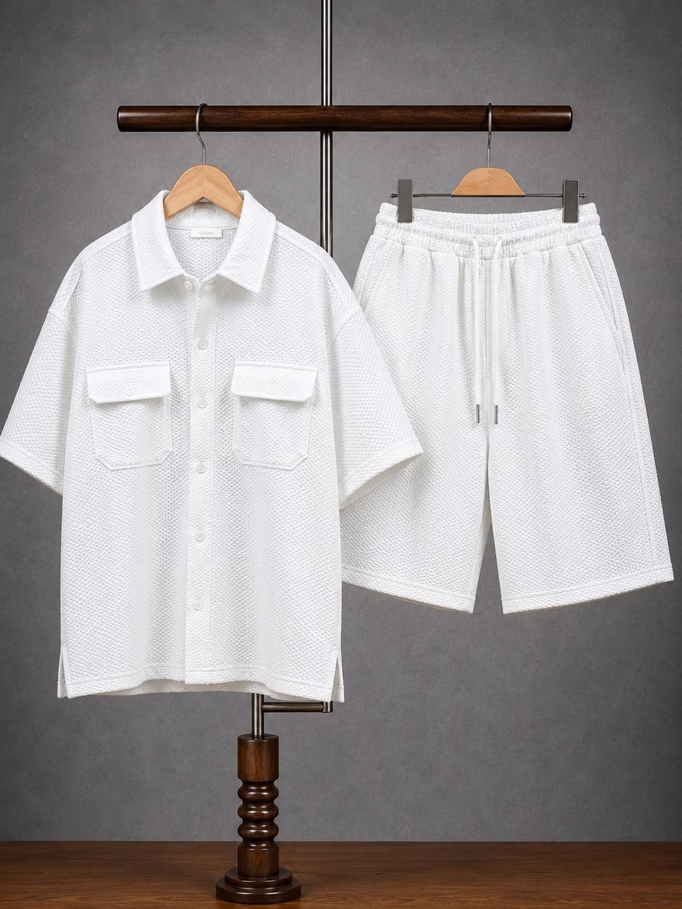 Men's Waffle-Textured Short-Sleeve Shirt and Drawstring Shorts Set Men's Waffle-Textured Short-Sleeve Shirt and Drawstring Shorts Set