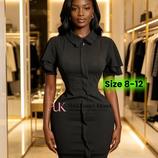Women's Black Ruffle-Front Collared Corporate Sheath Dress with Flutter Sleeves