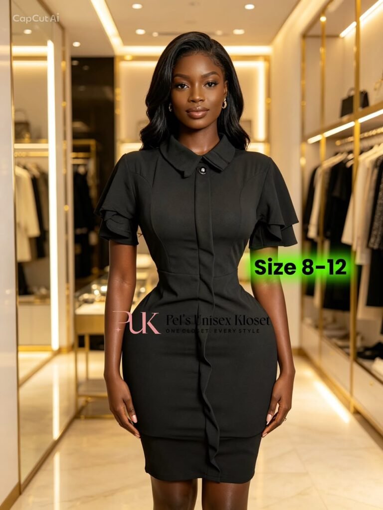 Women's Black Ruffle-Front Collared Corporate Sheath Dress with Flutter Sleeves
