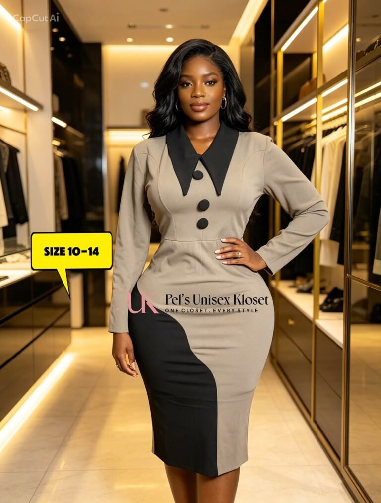 Women's Taupe and Black Pointed-Collar Corporate Pencil Dress with Button Detail