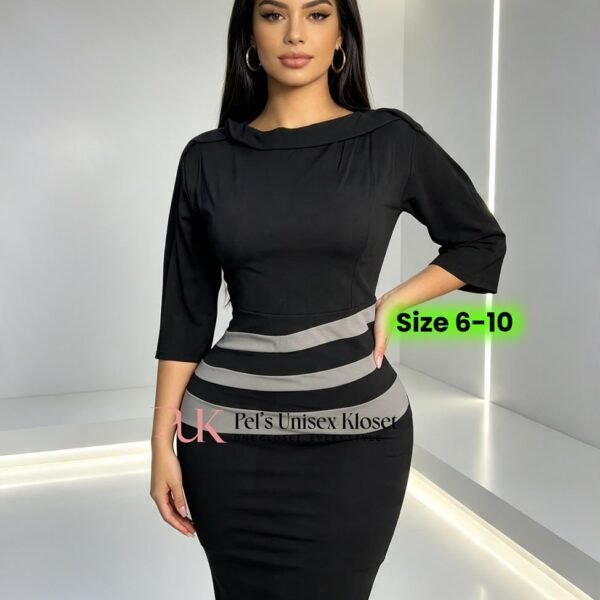 Women's Black Corporate Sheath Dress with Contrast Grey Waist Stripes