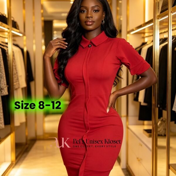 Women's Vibrant Red Collared Corporate Dress with Flutter Ruffle Sleeves