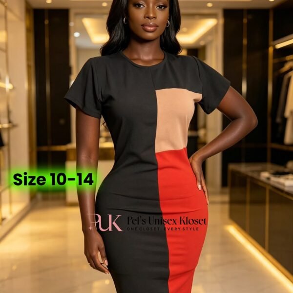 Women's Black Tan and Red Geometric Colour-Block Corporate Sheath Dress
