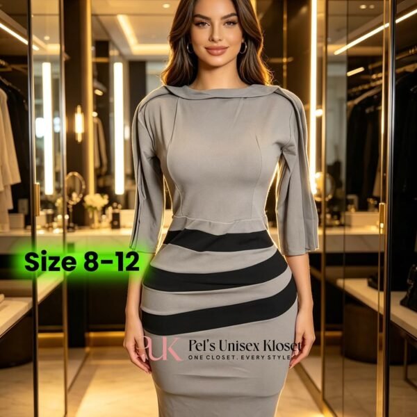 Women's Heather Grey Corporate Bodycon Dress with Diagonal Black Stripe Panels