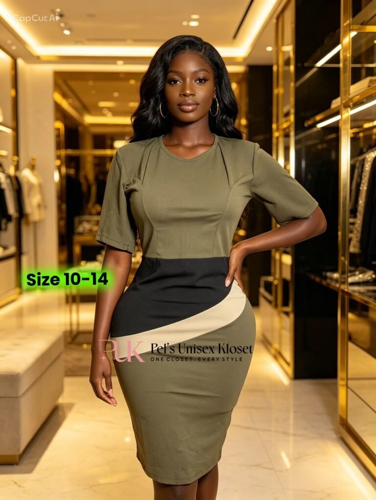 Women's Olive Green Colour-Block Corporate Pencil Dress with Black and Beige Accents