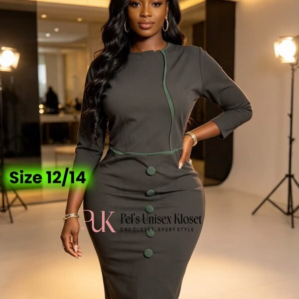Women's Dark Olive Corporate Pencil Dress with Asymmetric Piping and Front Buttons