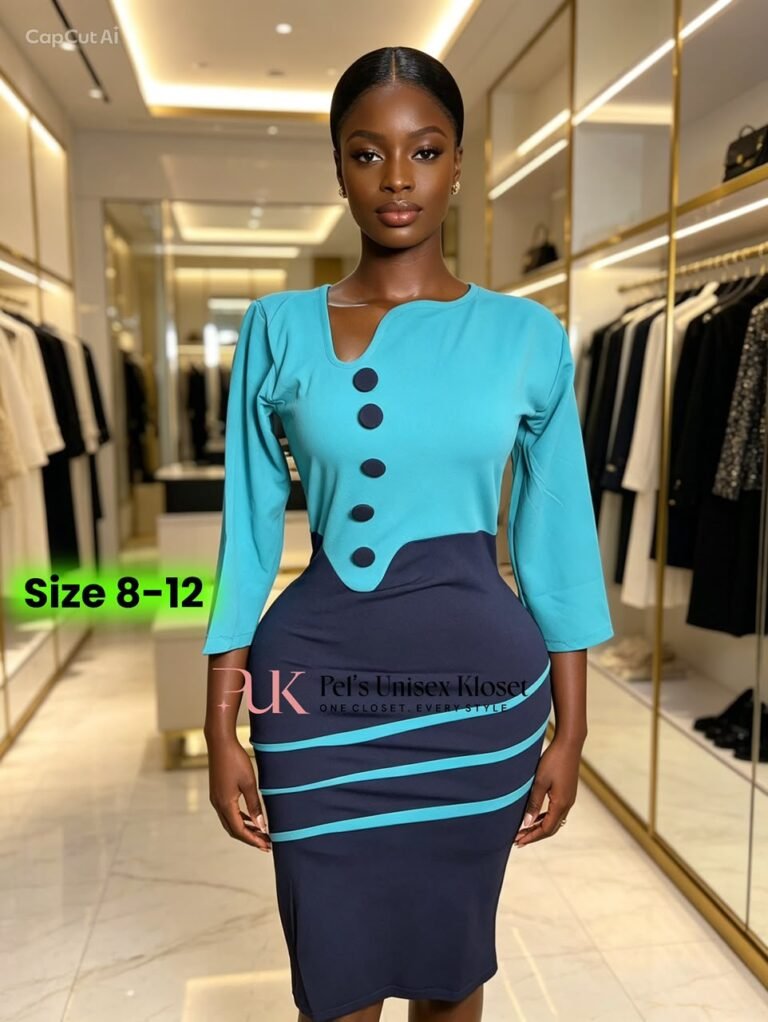 Women's Turquoise and Navy Two-Tone Corporate Dress with Button Placket and Hip Stripes