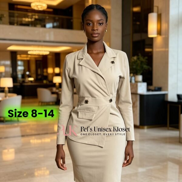 try on clothes Tema boutique Women's Beige Wrap Blazer and Pencil Skirt Corporate Two-Piece Suit Set Pelsunisexkloset Tema