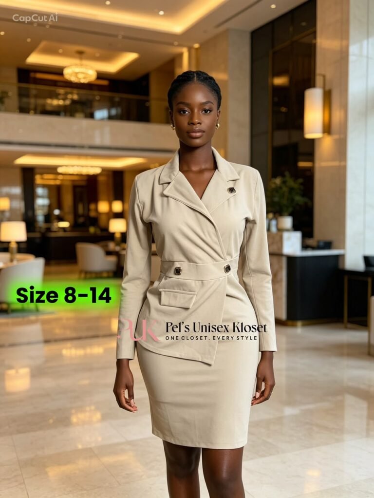 try on clothes Tema boutique Women's Beige Wrap Blazer and Pencil Skirt Corporate Two-Piece Suit Set Pelsunisexkloset Tema