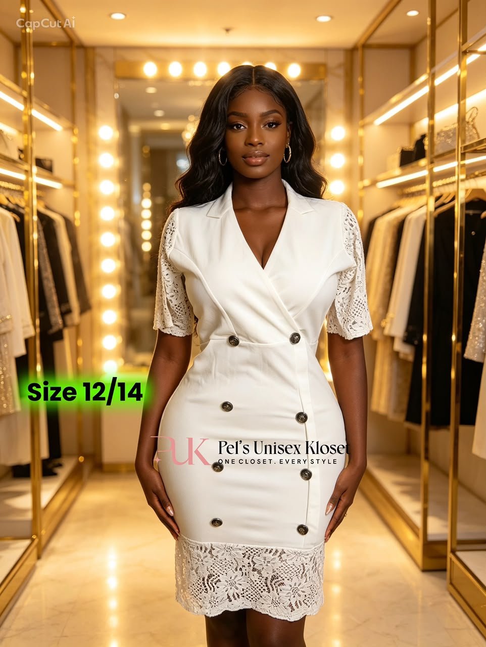 Women's White Double-Breasted Blazer Dress with Floral Lace Sleeves and Hem Women's White Double-Breasted Blazer Dress with Floral Lace Sleeves and Hem