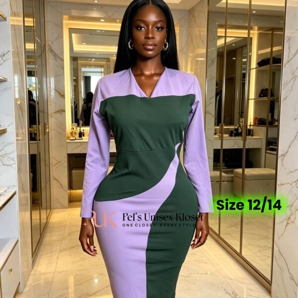Women's Forest Green and Lilac Wavy Colour-Block Corporate Midi Dress