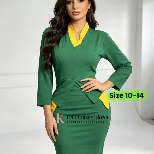 Women's Forest Green Peplum Corporate Dress with Contrast Yellow Collar Accents