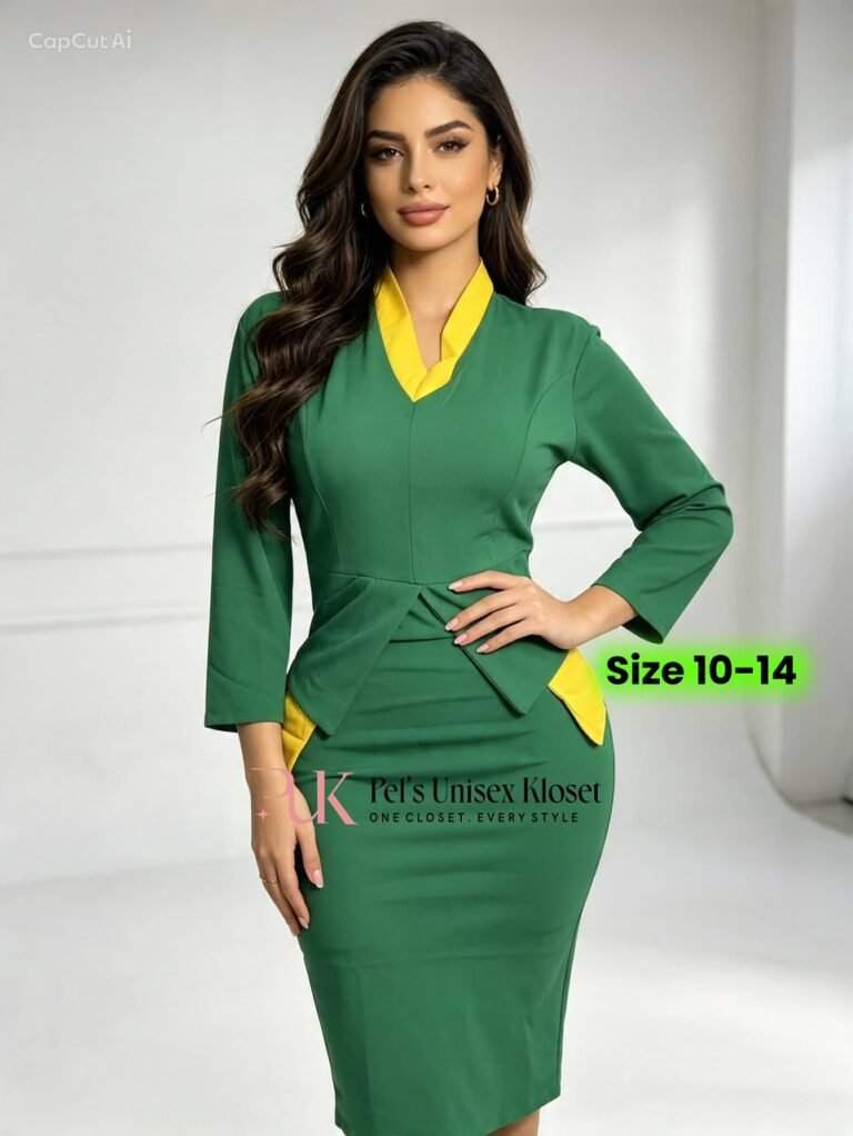 Women's Forest Green Peplum Corporate Dress with Contrast Yellow Collar Accents