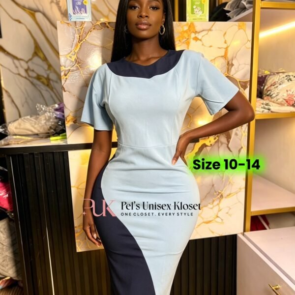 Women's Powder Blue and Navy Asymmetric Colour-Block Corporate Midi Dress