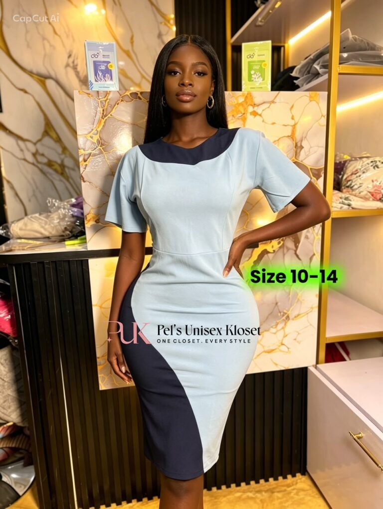 Women's Powder Blue and Navy Asymmetric Colour-Block Corporate Midi Dress