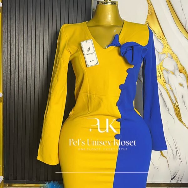 Yellow and royal blue colour-block long-sleeve corporate midi dress with bow and button detail