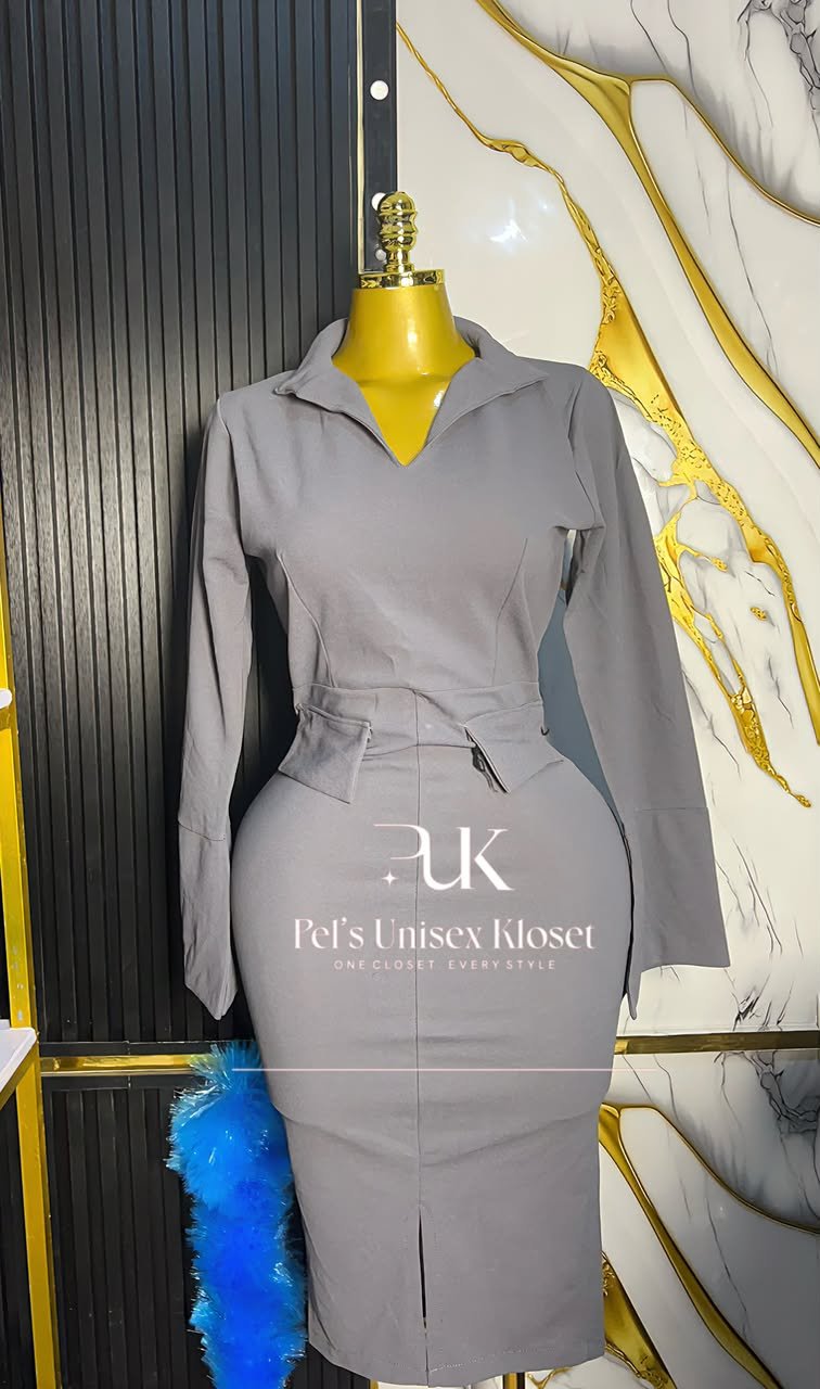 Grey long-sleeve corporate pencil dress with open collar, belted waist and back slit
