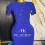 Royal blue short-sleeve corporate pencil dress with diagonal buttons and a front slit