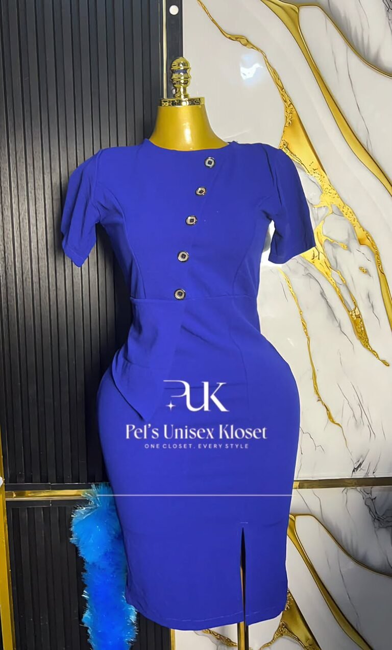 Royal blue short-sleeve corporate pencil dress with diagonal buttons and a front slit