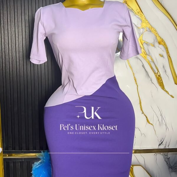 Two-tone corporate bodycon dress in light lilac and deep purple with an asymmetric waist seam