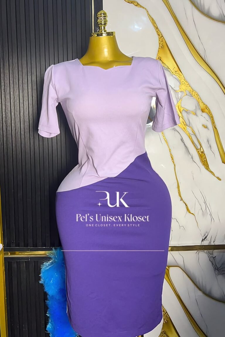 Two-tone corporate bodycon dress in light lilac and deep purple with an asymmetric waist seam