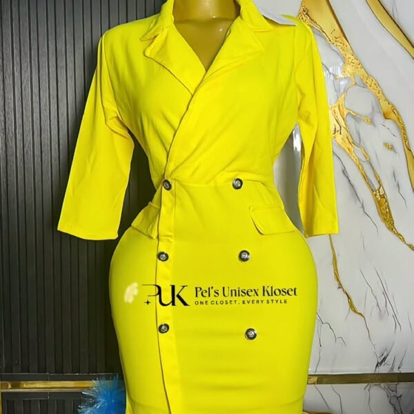 Bright yellow double-breasted blazer dress with notch lapels and dark buttons