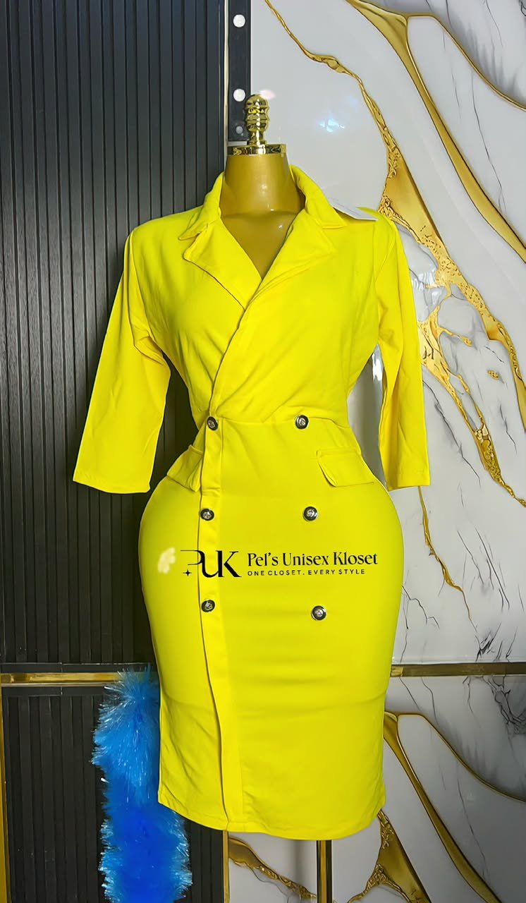 Bright yellow double-breasted blazer dress with notch lapels and dark buttons