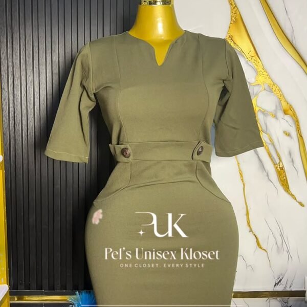 Olive green corporate pencil dress with a notch neckline and a buttoned waist belt