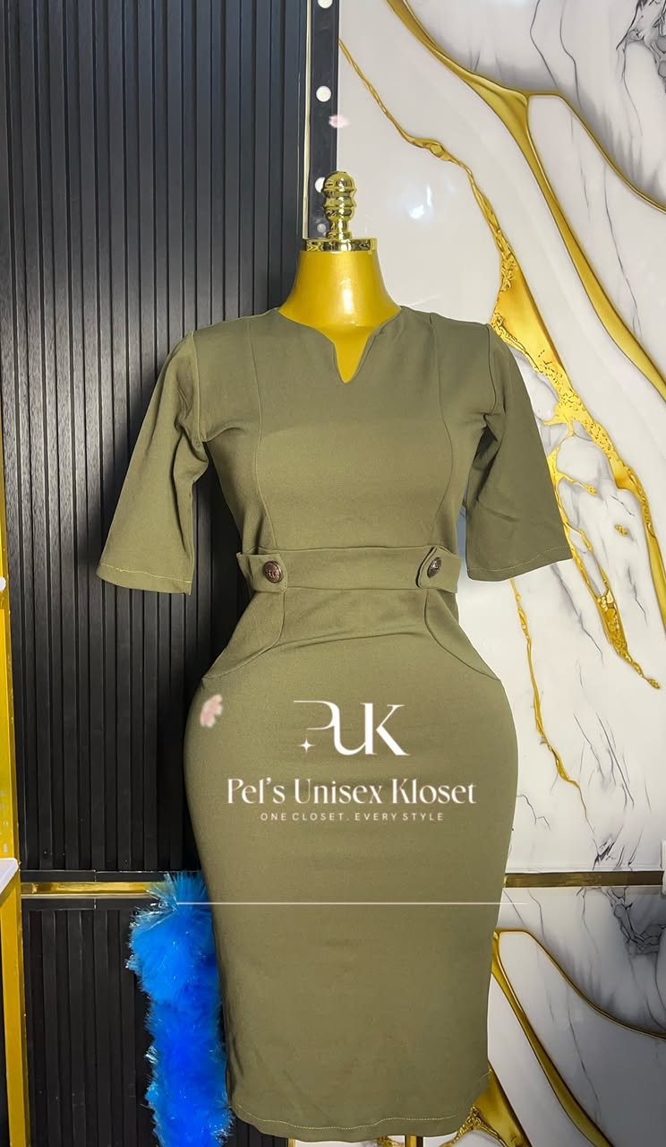 Olive green corporate pencil dress with a notch neckline and a buttoned waist belt