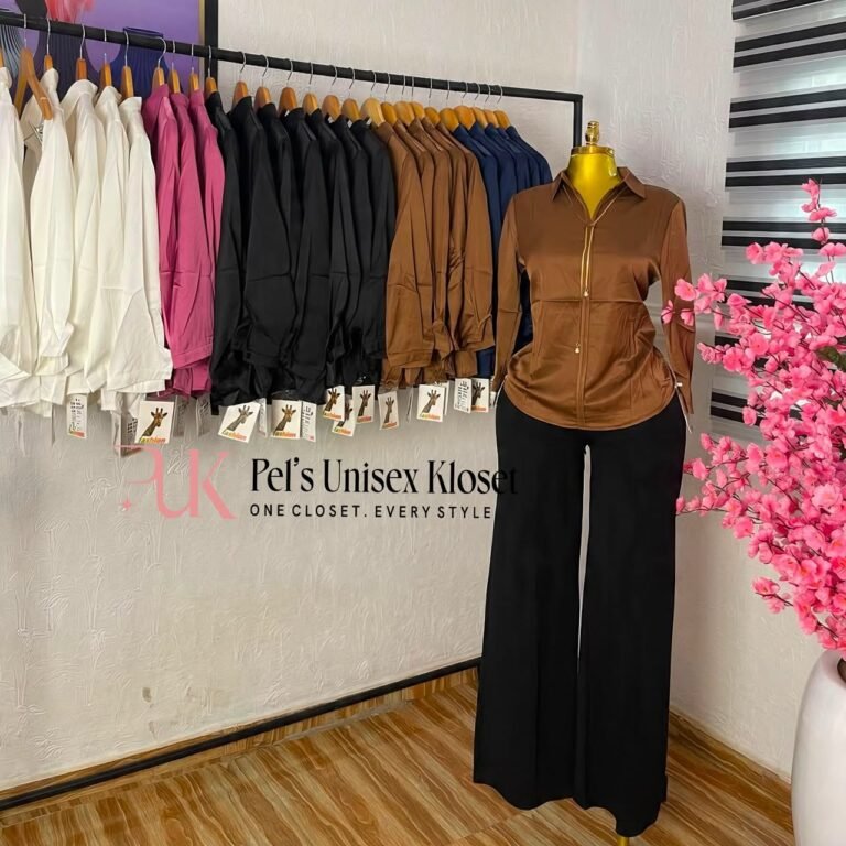 Brown satin zip-front corporate shirt with a pointed collar and gold zip pull