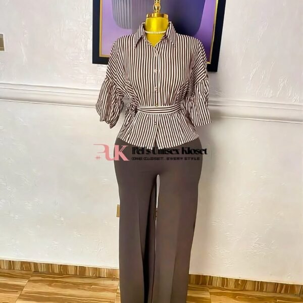 Brown and white striped peplum shirt with a tie waist and gathered sleeves, worn with matching brown wide-leg trousers