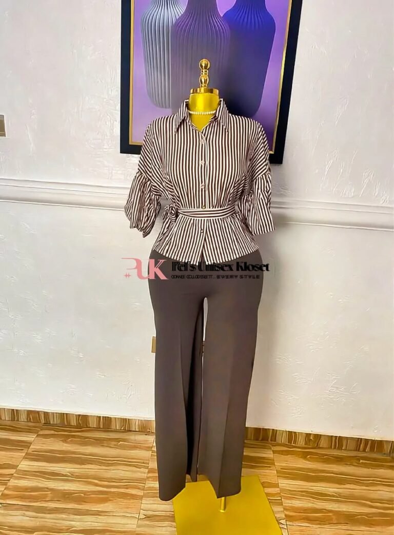 Brown and white striped peplum shirt with a tie waist and gathered sleeves, worn with matching brown wide-leg trousers