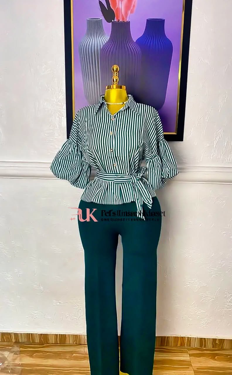 Women's Striped Peplum Tie-Waist Shirt and Wide-Leg Trouser Two-Piece Set Green and white striped peplum shirt with tie waist paired with dark green wide-leg trousers
