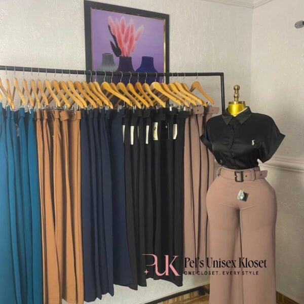 Mauve high-waist belted wide-leg corporate trousers shown with a rack of the same trouser in five colours