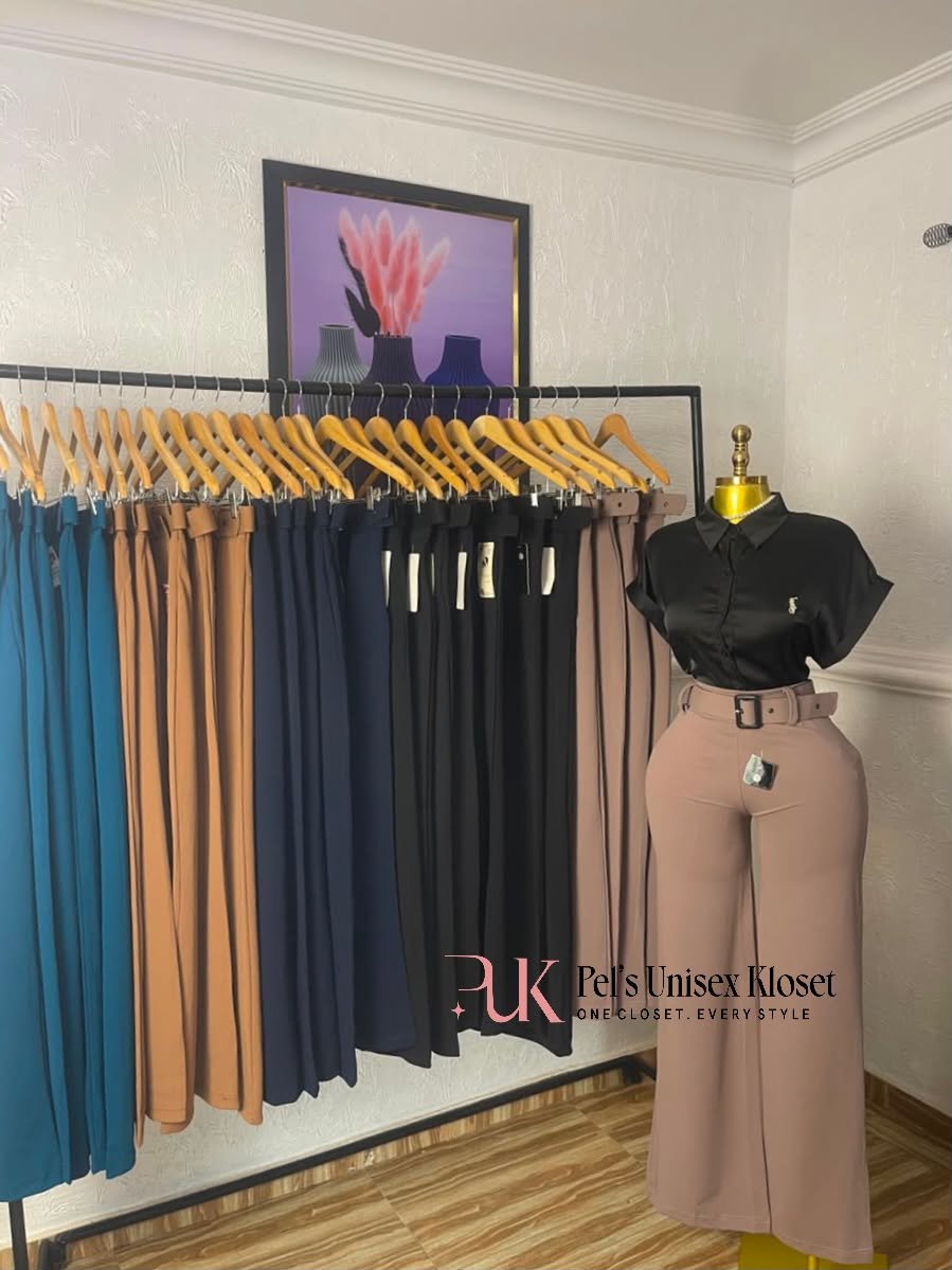 Women's Black Cap-Sleeve Satin Corporate Shirt Mauve high-waist belted wide-leg corporate trousers shown with a rack of the same trouser in five colours