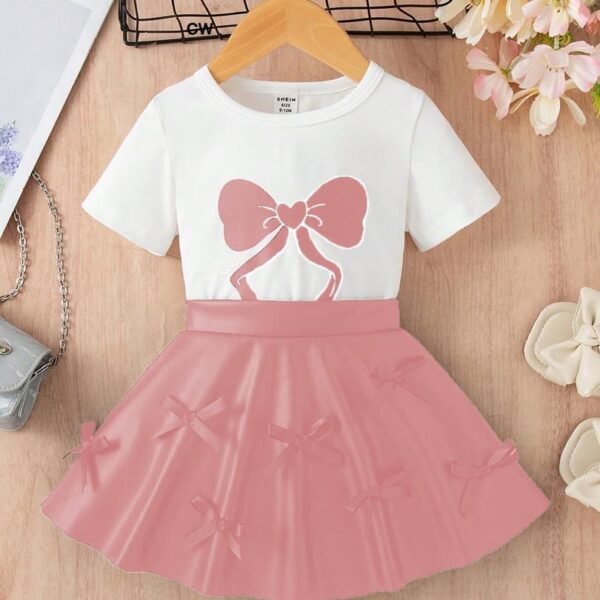 Baby Girl White Bow Graphic Tee and Dusty Pink Bow Skirt Set